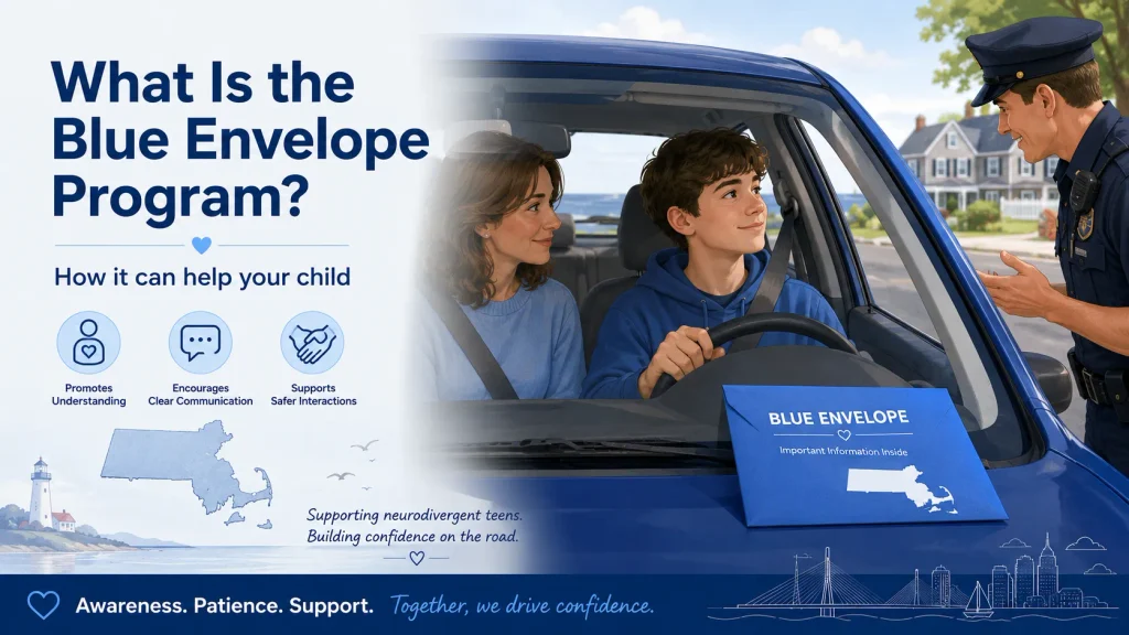 Illustration of the Massachusetts Blue Envelope Program showing a teen driver, parent, police officer, and blue envelope.